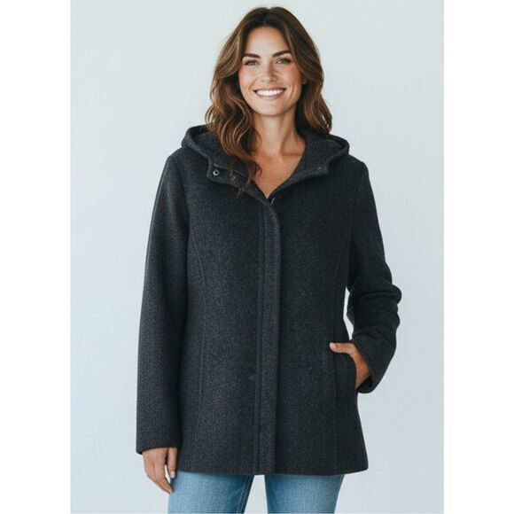 GAP Women’s Coat Size L Charcoal Hooded Recycled Wool Zip-Front Winter Jacket - Picture 2 of 16